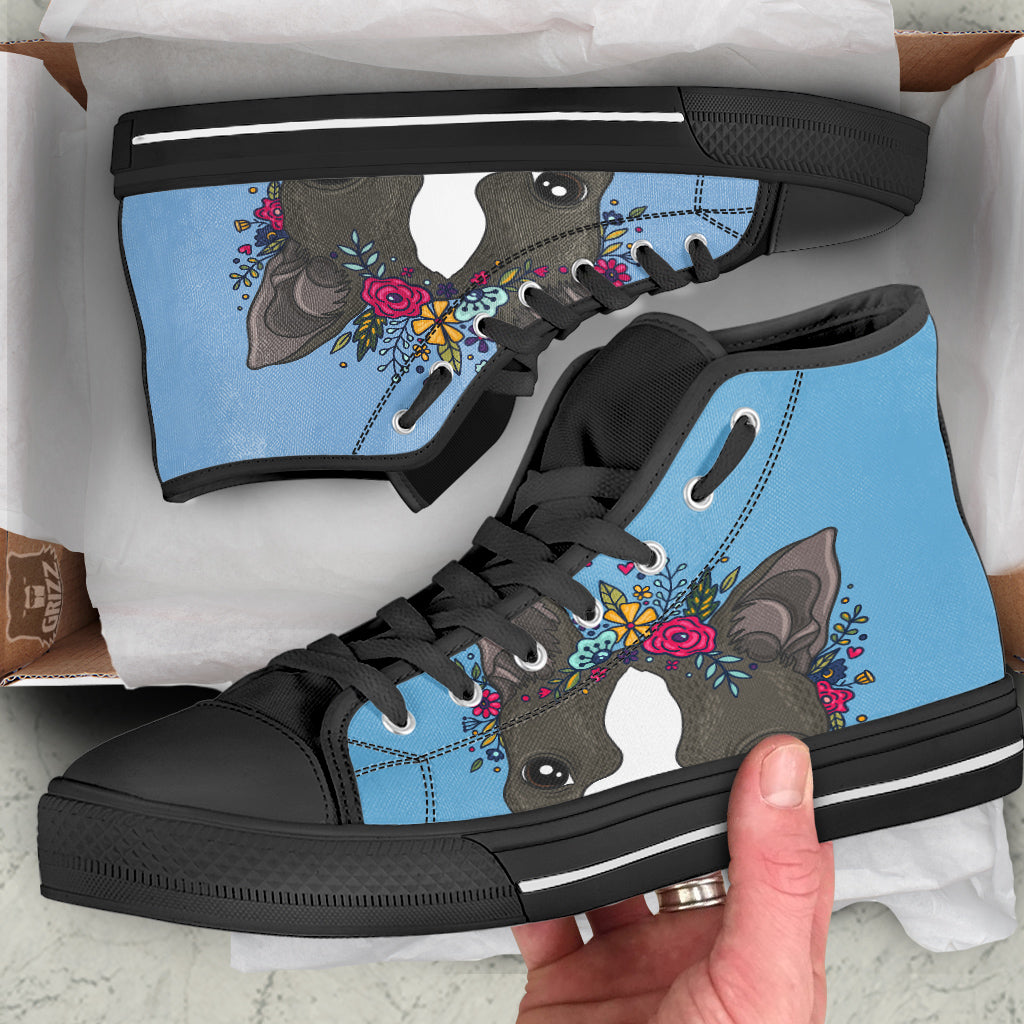 Flower Boston Terrier Cartoon Print Black High Top Shoes-grizzshop