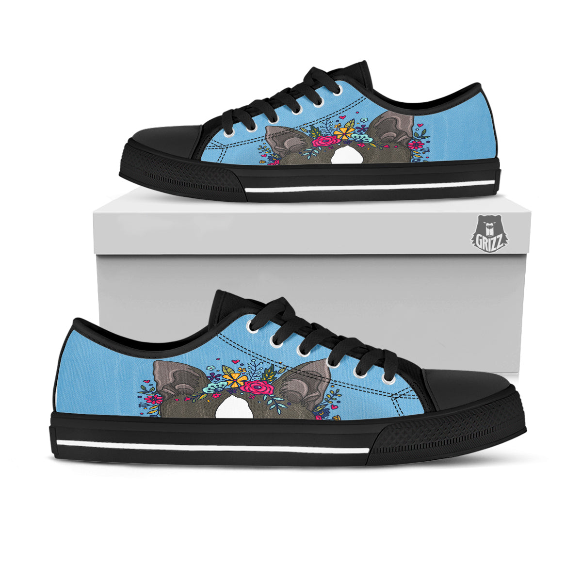 Flower Boston Terrier Cartoon Print Black Low Top Shoes-grizzshop
