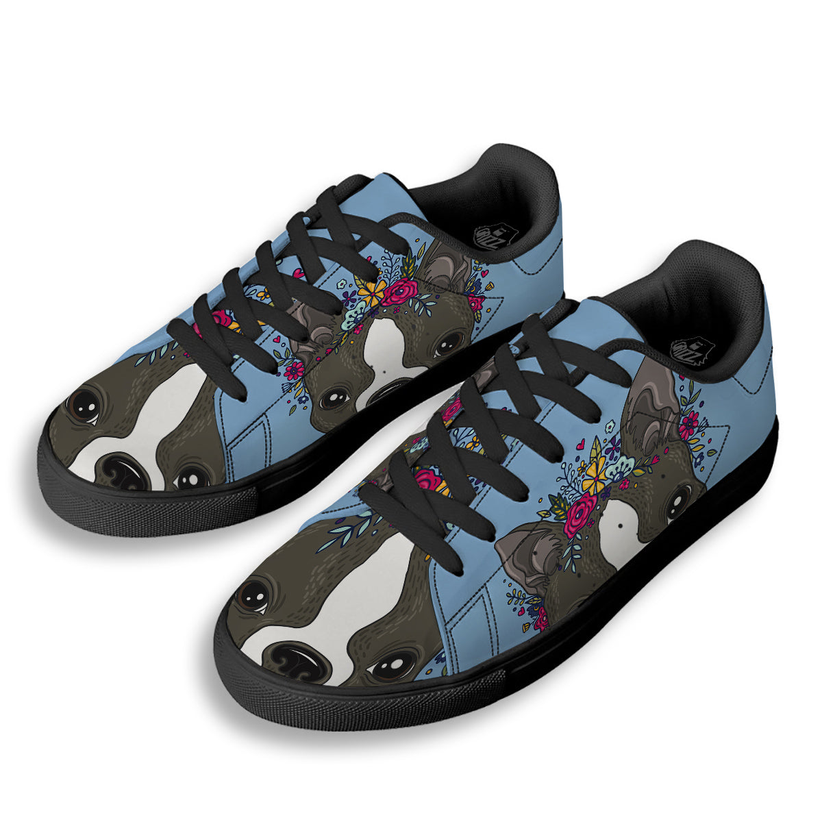 Flower Boston Terrier Cartoon Print Black Low Top Sneakers-grizzshop