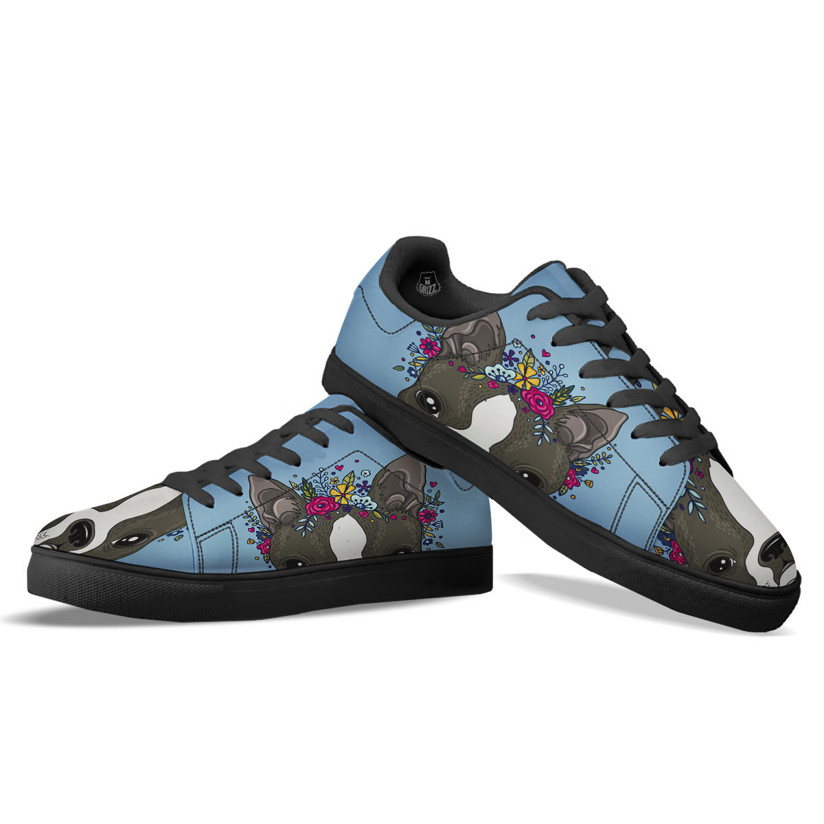 Flower Boston Terrier Cartoon Print Black Low Top Sneakers-grizzshop