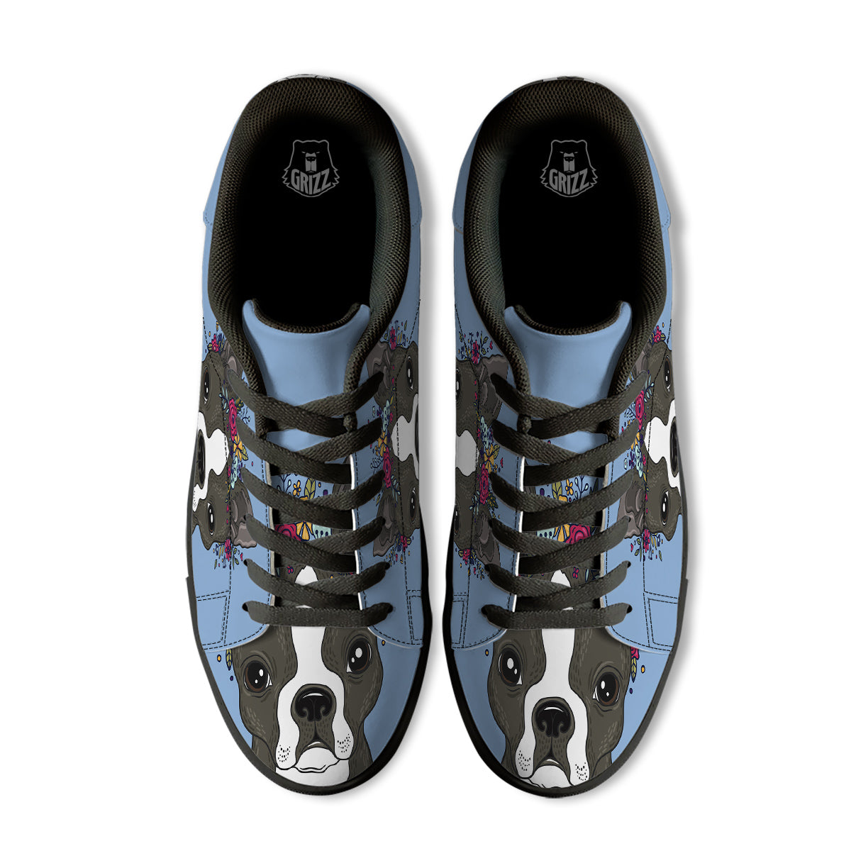 Flower Boston Terrier Cartoon Print Black Low Top Sneakers-grizzshop