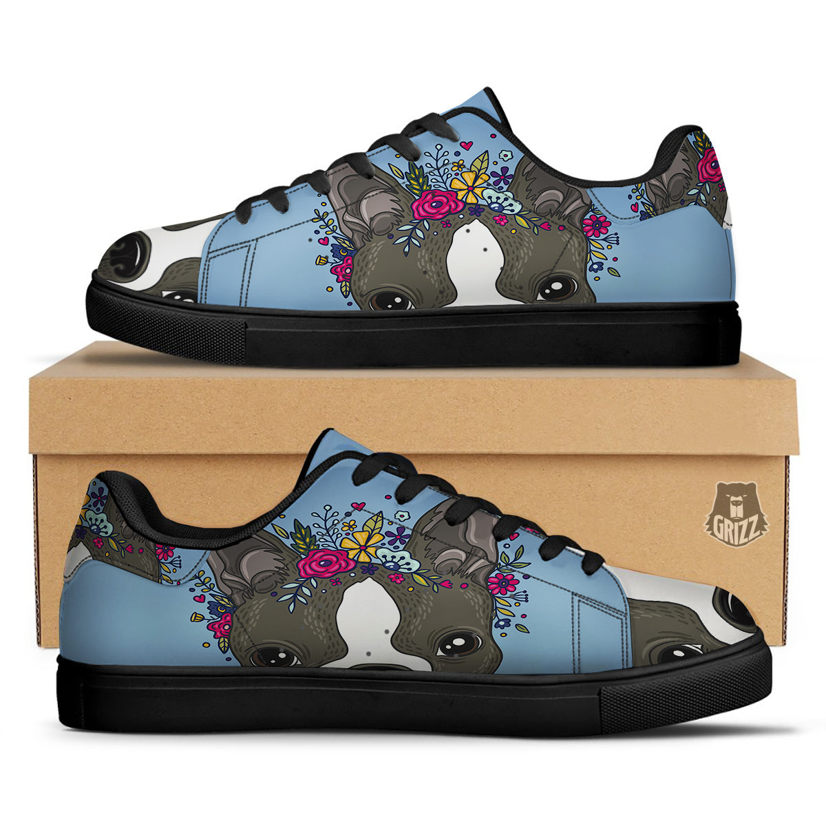 Flower Boston Terrier Cartoon Print Black Low Top Sneakers-grizzshop