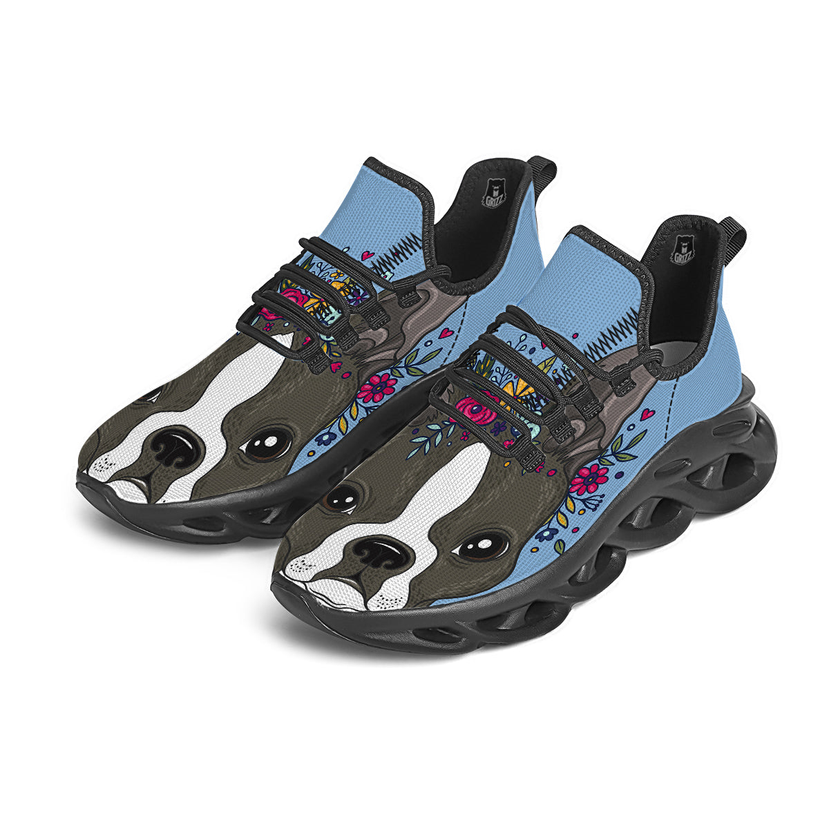 Flower Boston Terrier Cartoon Print Black Running Shoes-grizzshop