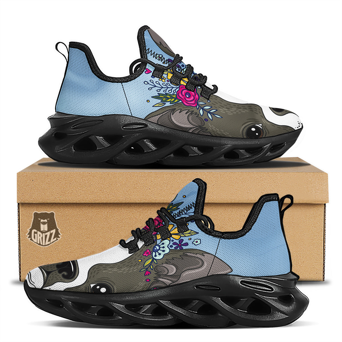 Flower Boston Terrier Cartoon Print Black Running Shoes-grizzshop