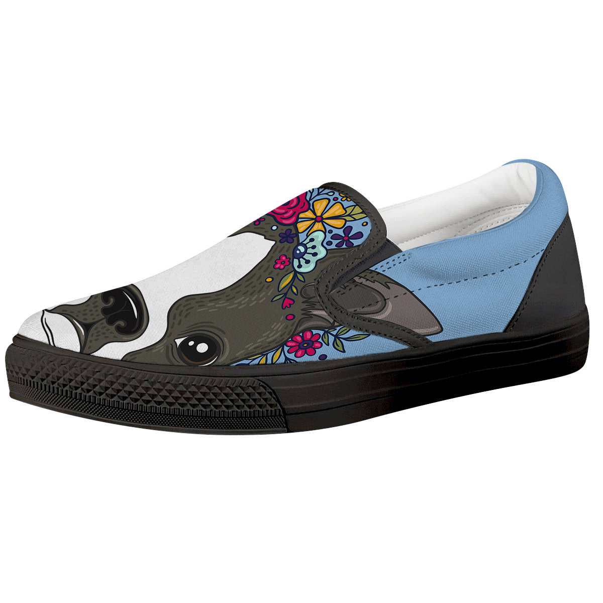 Flower Boston Terrier Cartoon Print Black Slip On Shoes-grizzshop