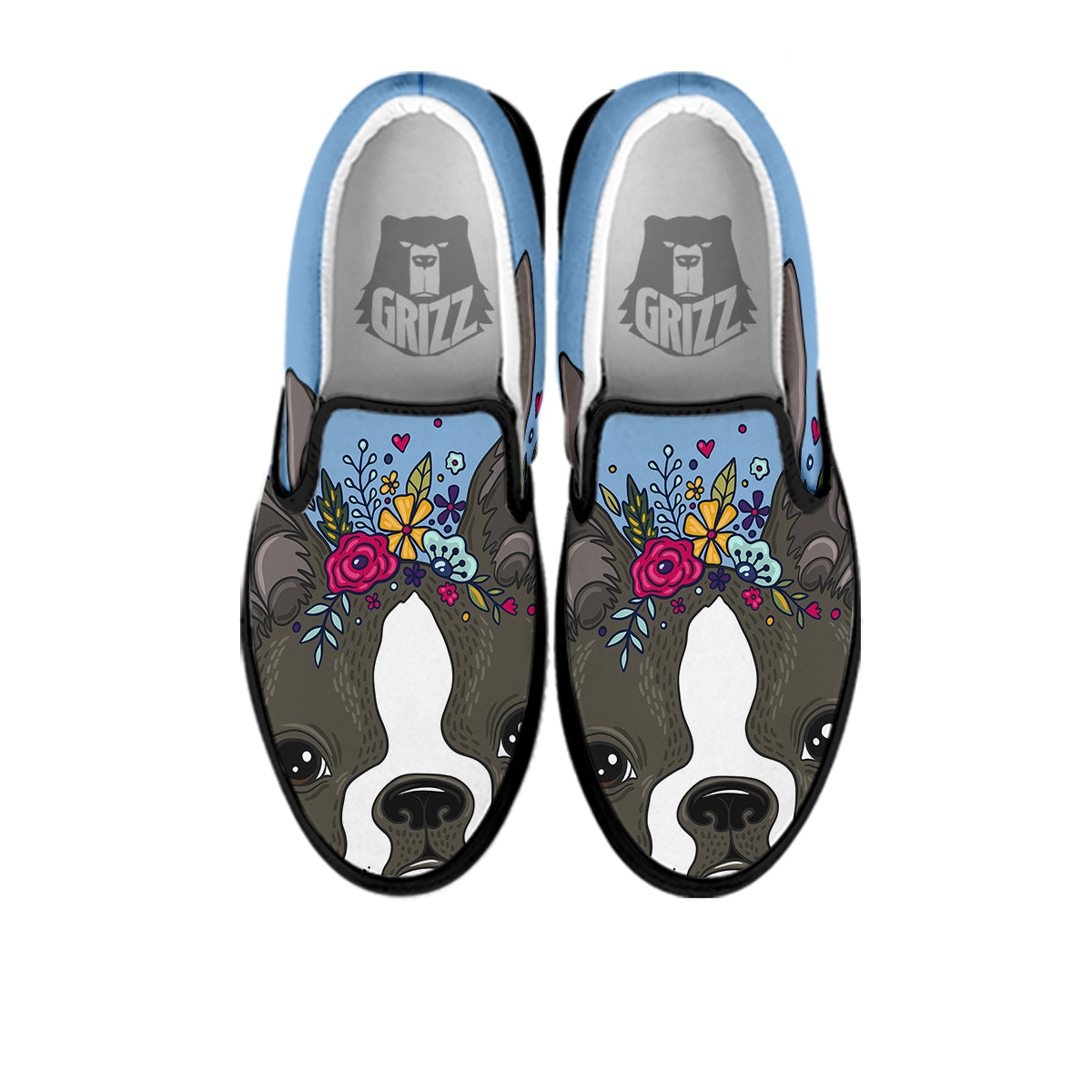 Flower Boston Terrier Cartoon Print Black Slip On Shoes-grizzshop