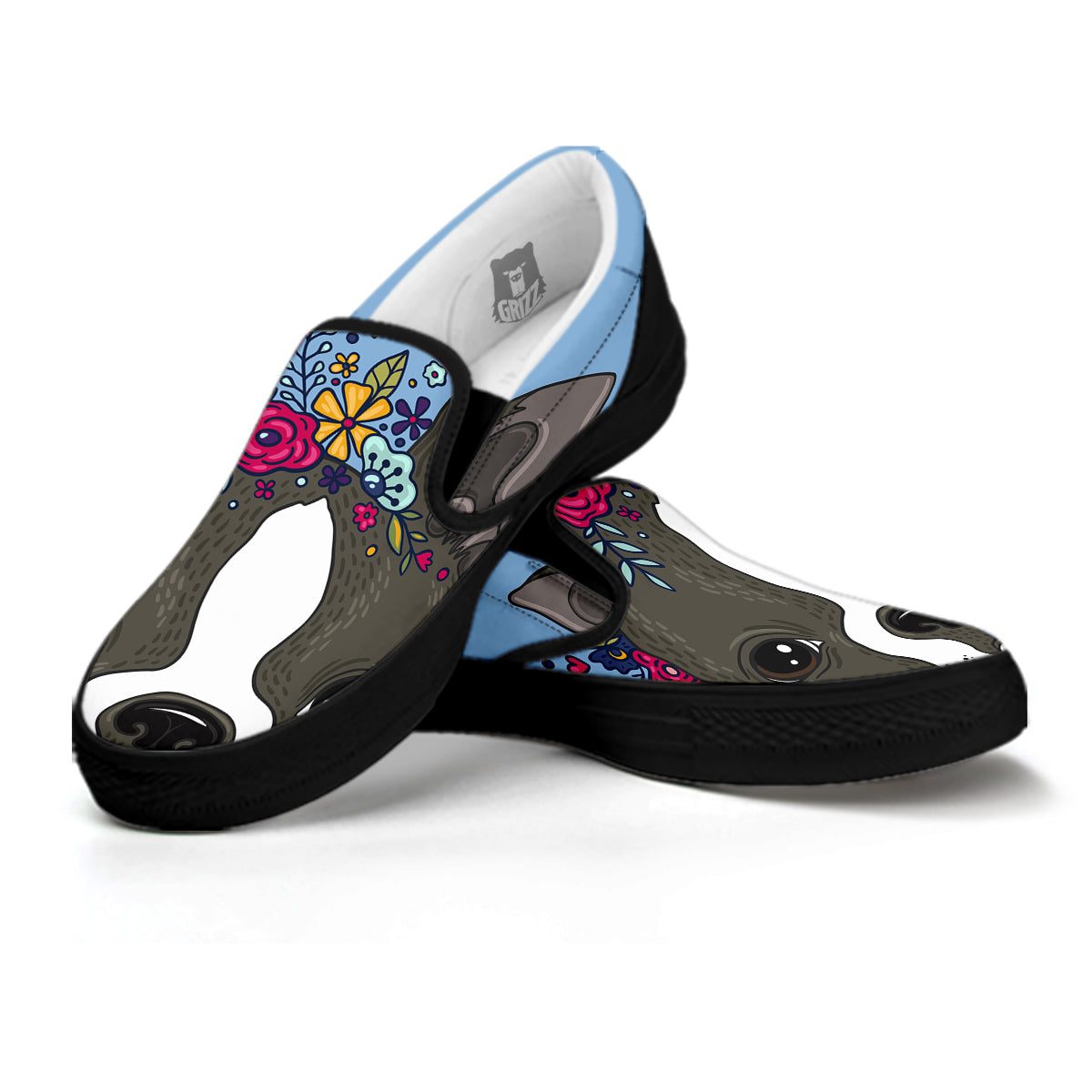 Flower Boston Terrier Cartoon Print Black Slip On Shoes-grizzshop