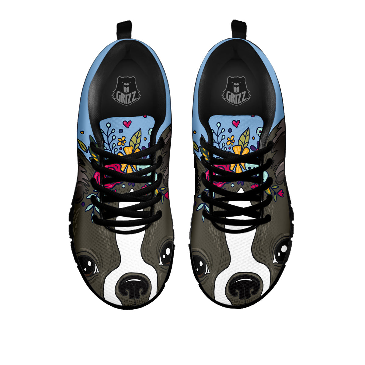 Flower Boston Terrier Cartoon Print Black Sneaker-grizzshop
