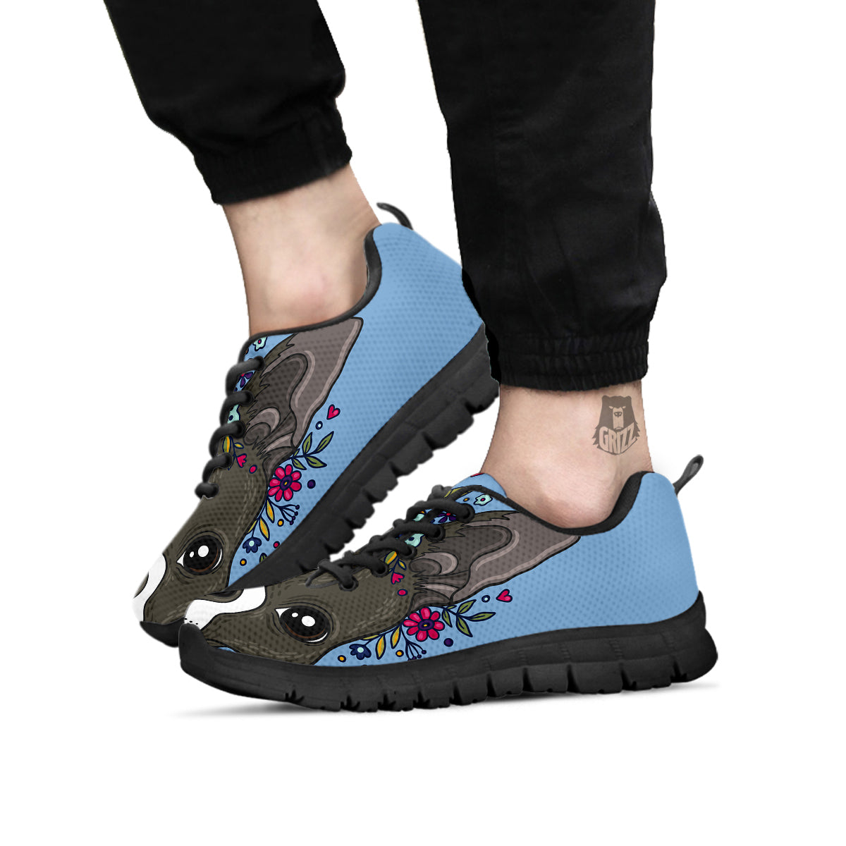 Flower Boston Terrier Cartoon Print Black Sneaker-grizzshop