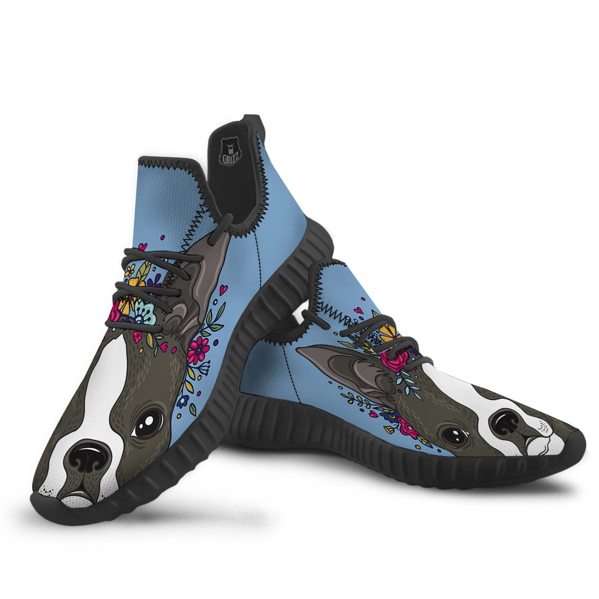 Flower Boston Terrier Cartoon Print Black Walking Shoes-grizzshop