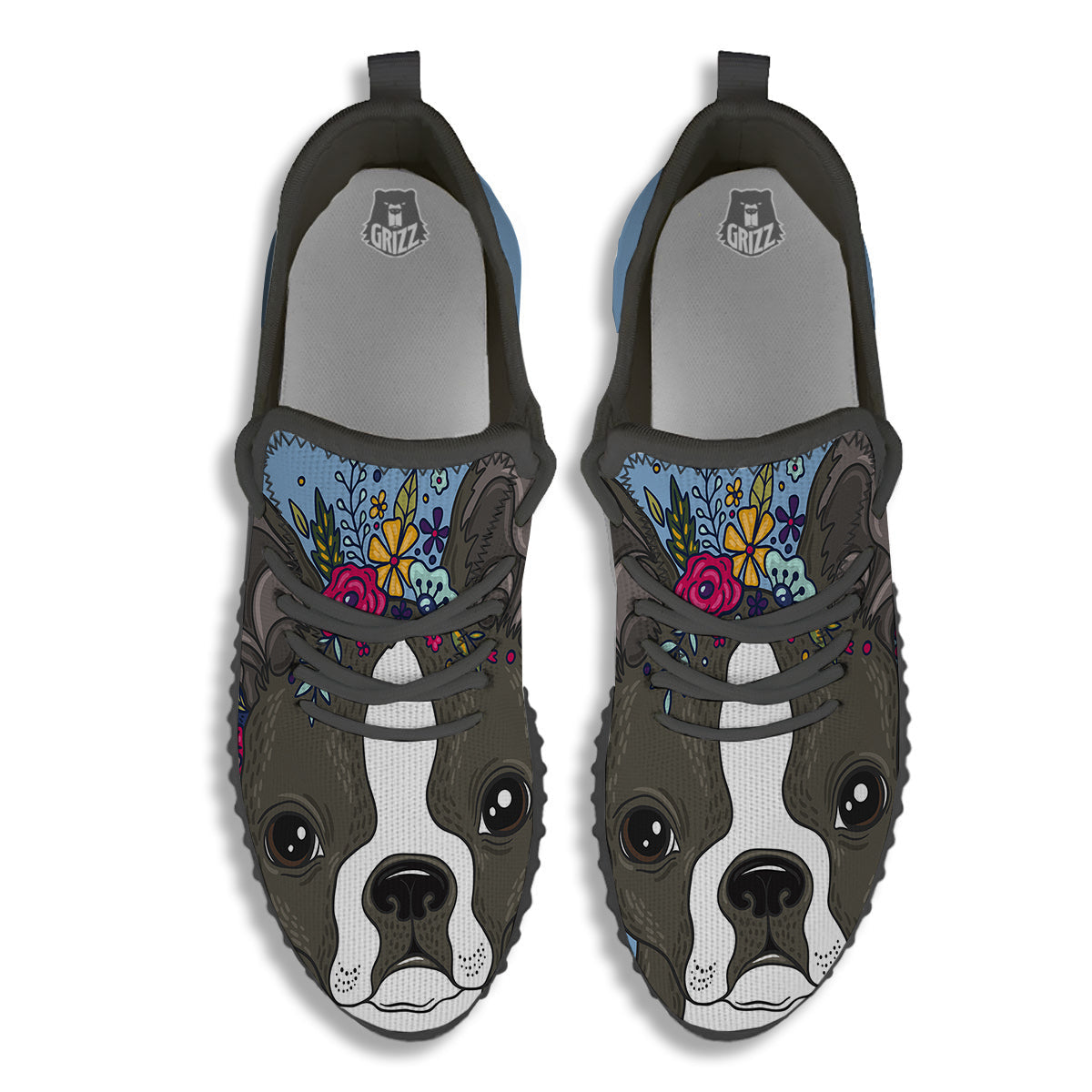 Flower Boston Terrier Cartoon Print Black Walking Shoes-grizzshop