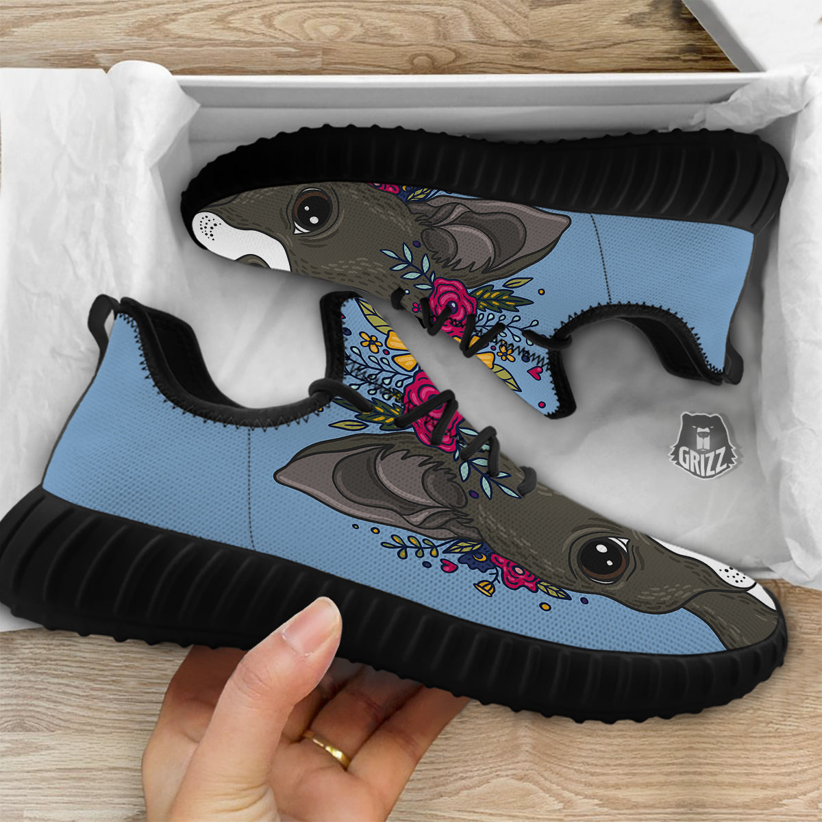 Flower Boston Terrier Cartoon Print Black Walking Shoes-grizzshop