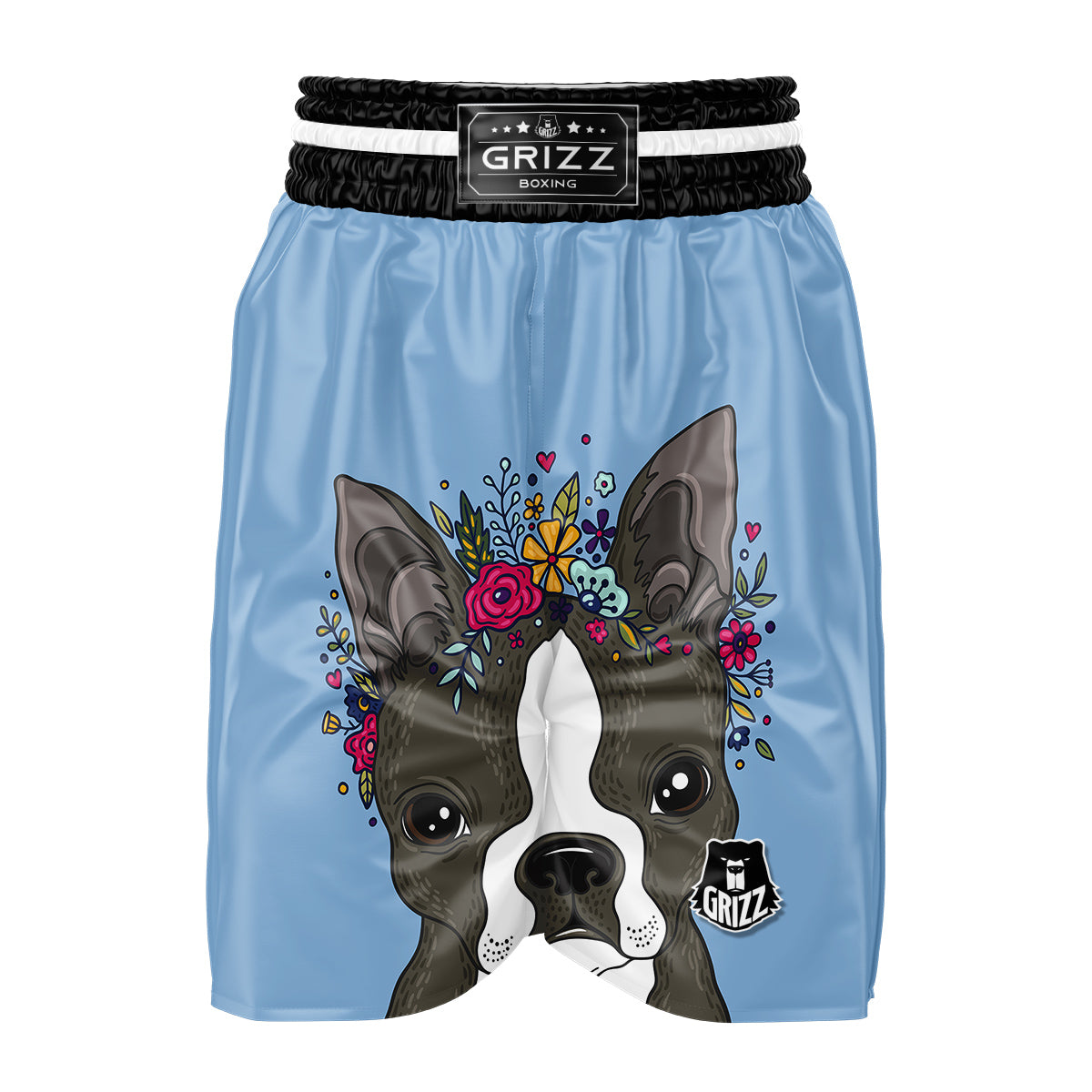 Flower Boston Terrier Cartoon Print Boxing Shorts-grizzshop