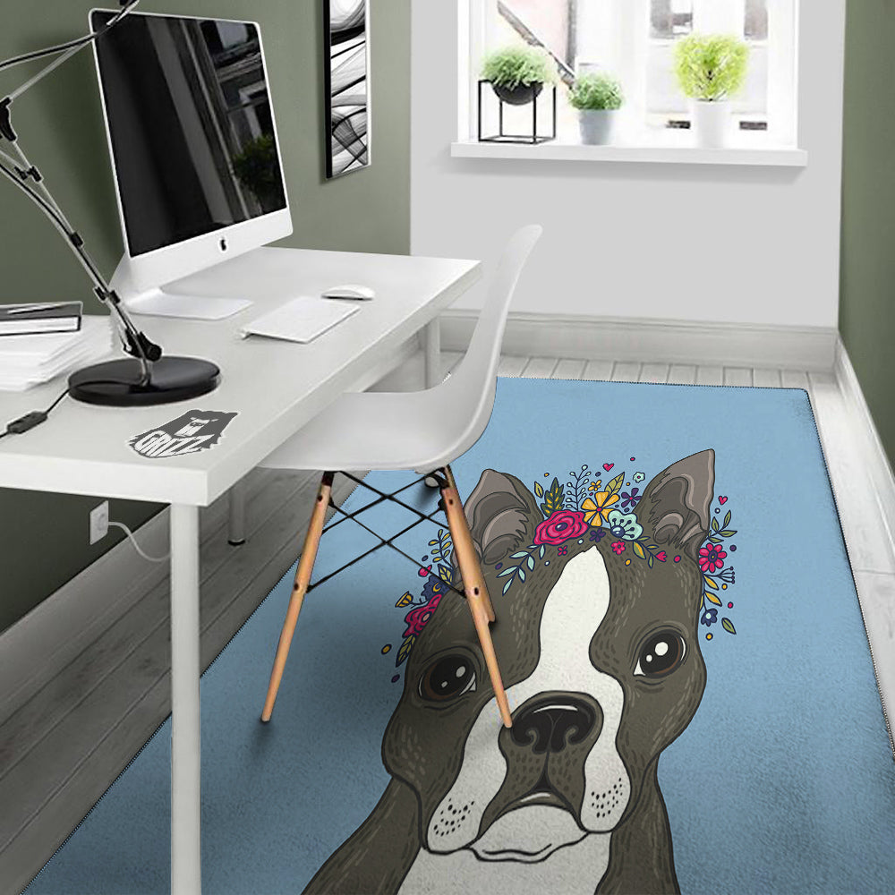 Flower Boston Terrier Cartoon Print Floor Mat-grizzshop
