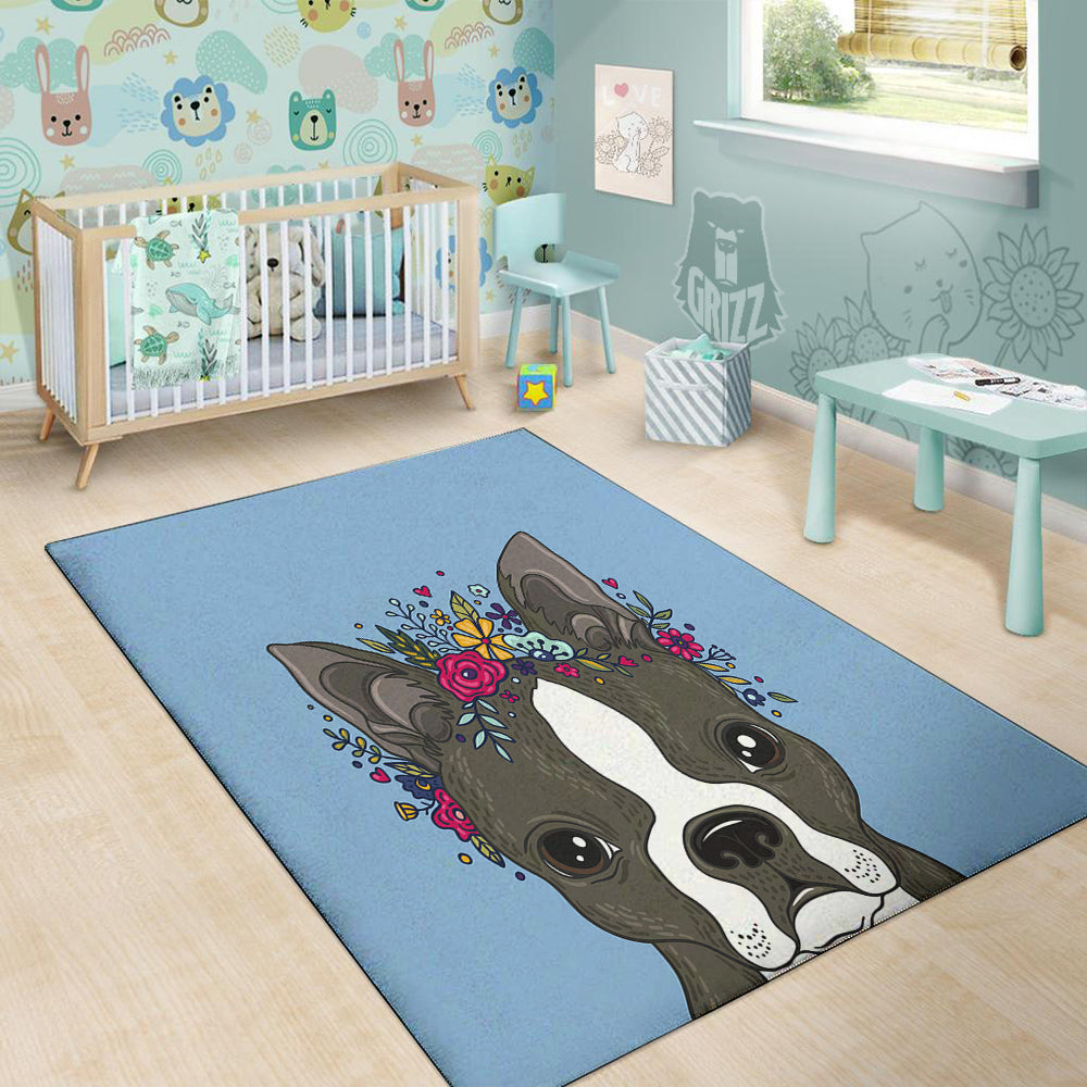 Flower Boston Terrier Cartoon Print Floor Mat-grizzshop