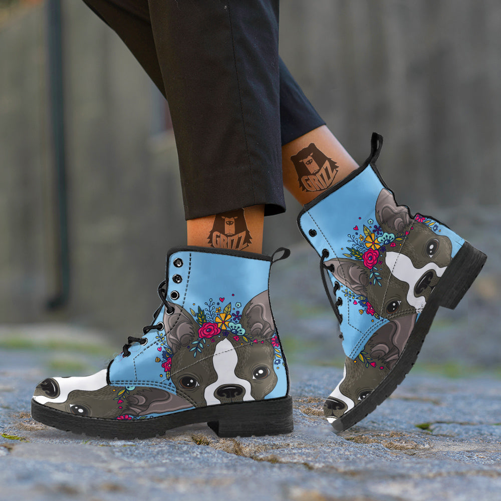 Flower Boston Terrier Cartoon Print Leather Boots-grizzshop