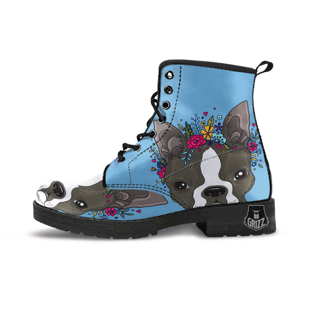 Flower Boston Terrier Cartoon Print Leather Boots-grizzshop