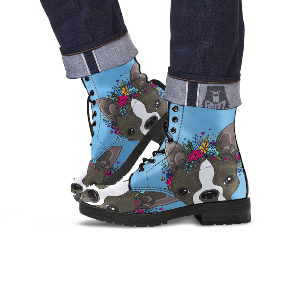 Flower Boston Terrier Cartoon Print Leather Boots-grizzshop