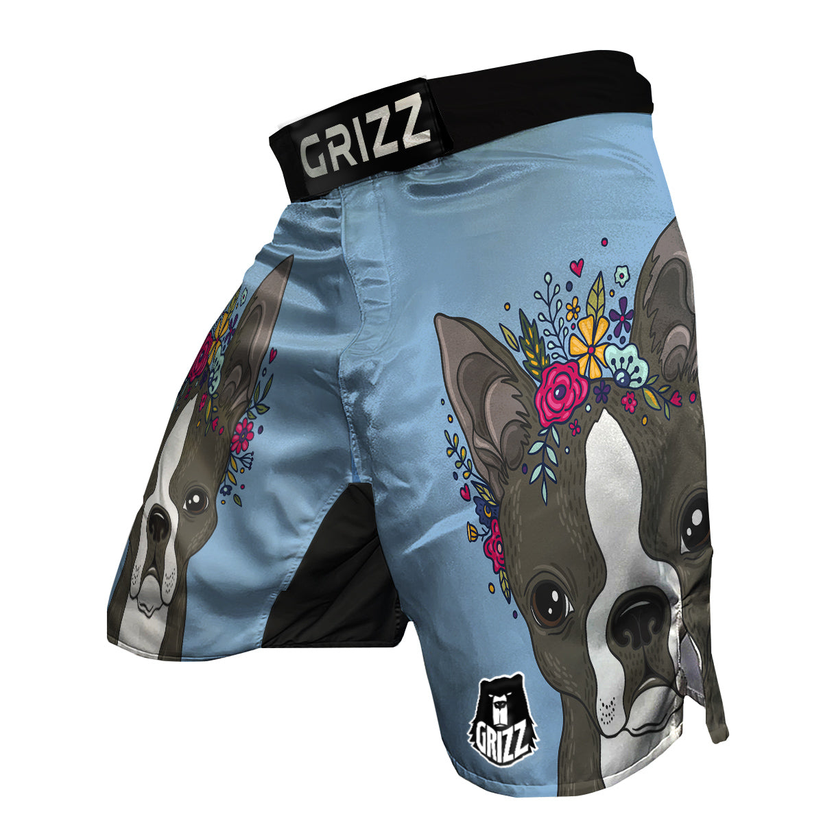 Flower Boston Terrier Cartoon Print MMA Shorts-grizzshop