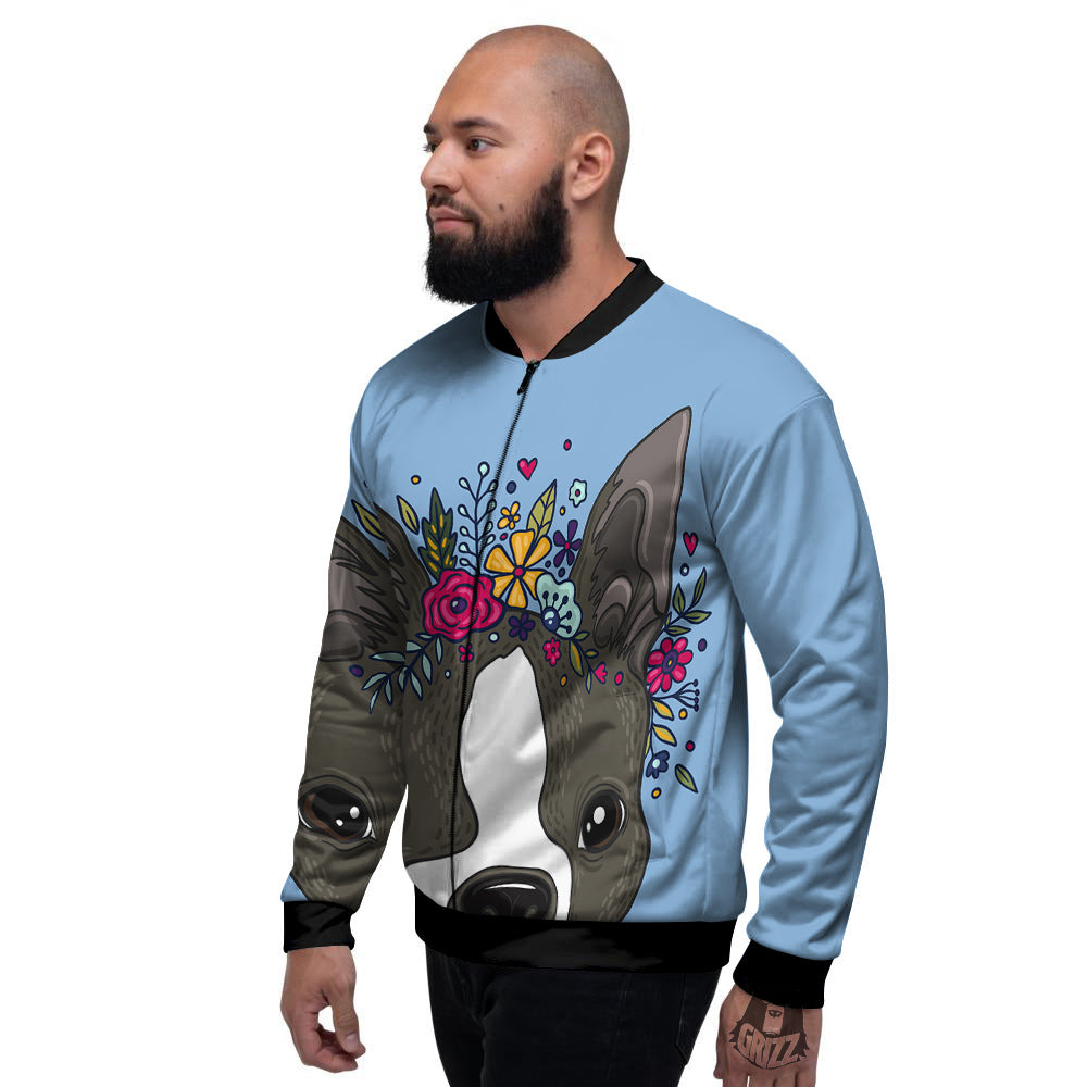 Flower Boston Terrier Cartoon Print Men's Bomber Jacket-grizzshop