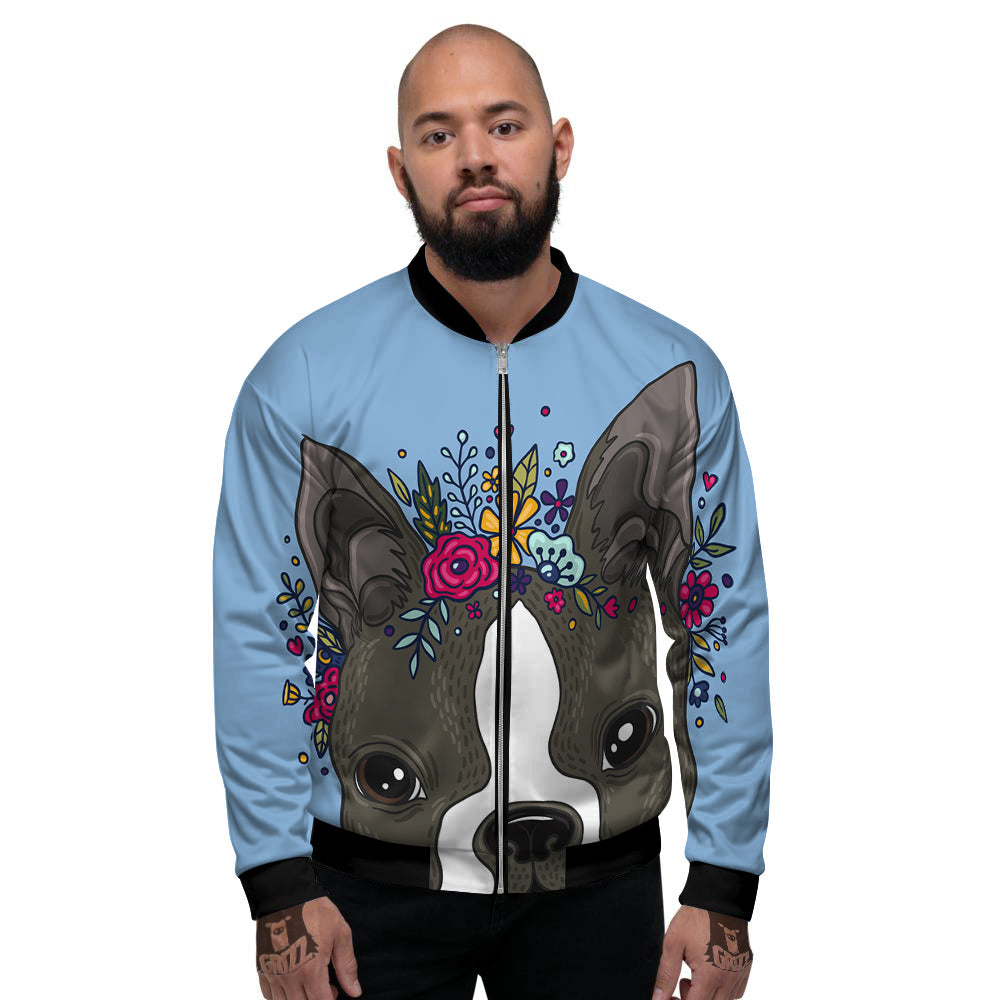 Flower Boston Terrier Cartoon Print Men's Bomber Jacket-grizzshop
