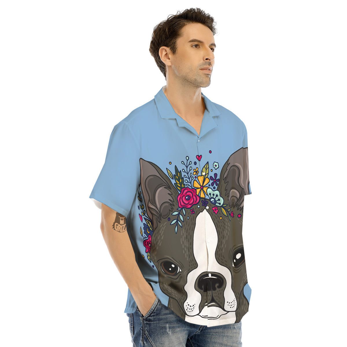Flower Boston Terrier Cartoon Print Men's Hawaiian Shirt-grizzshop
