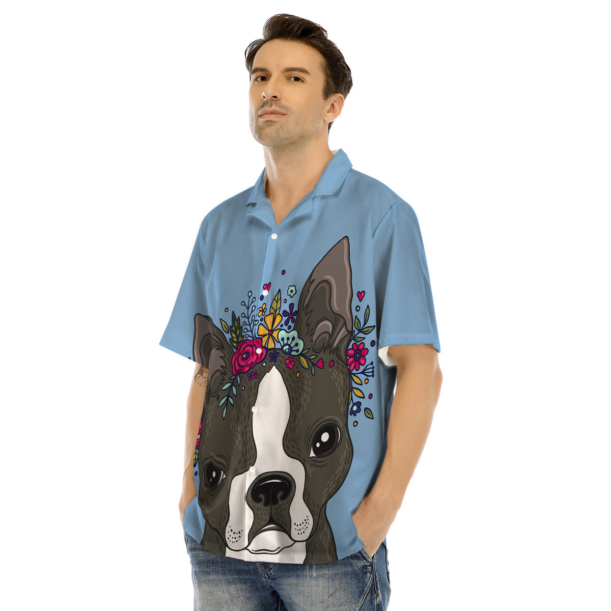 Flower Boston Terrier Cartoon Print Men's Hawaiian Shirt-grizzshop