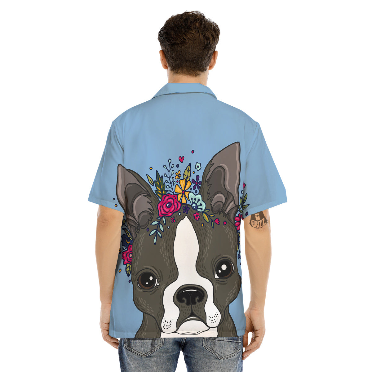Flower Boston Terrier Cartoon Print Men's Hawaiian Shirt-grizzshop