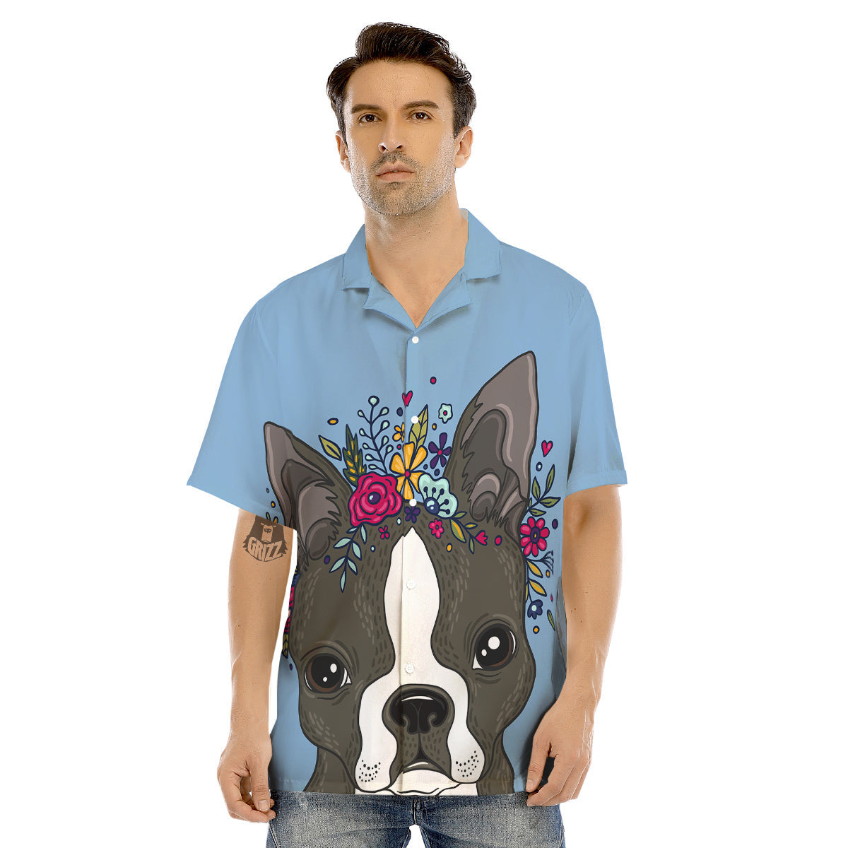 Flower Boston Terrier Cartoon Print Men's Hawaiian Shirt-grizzshop