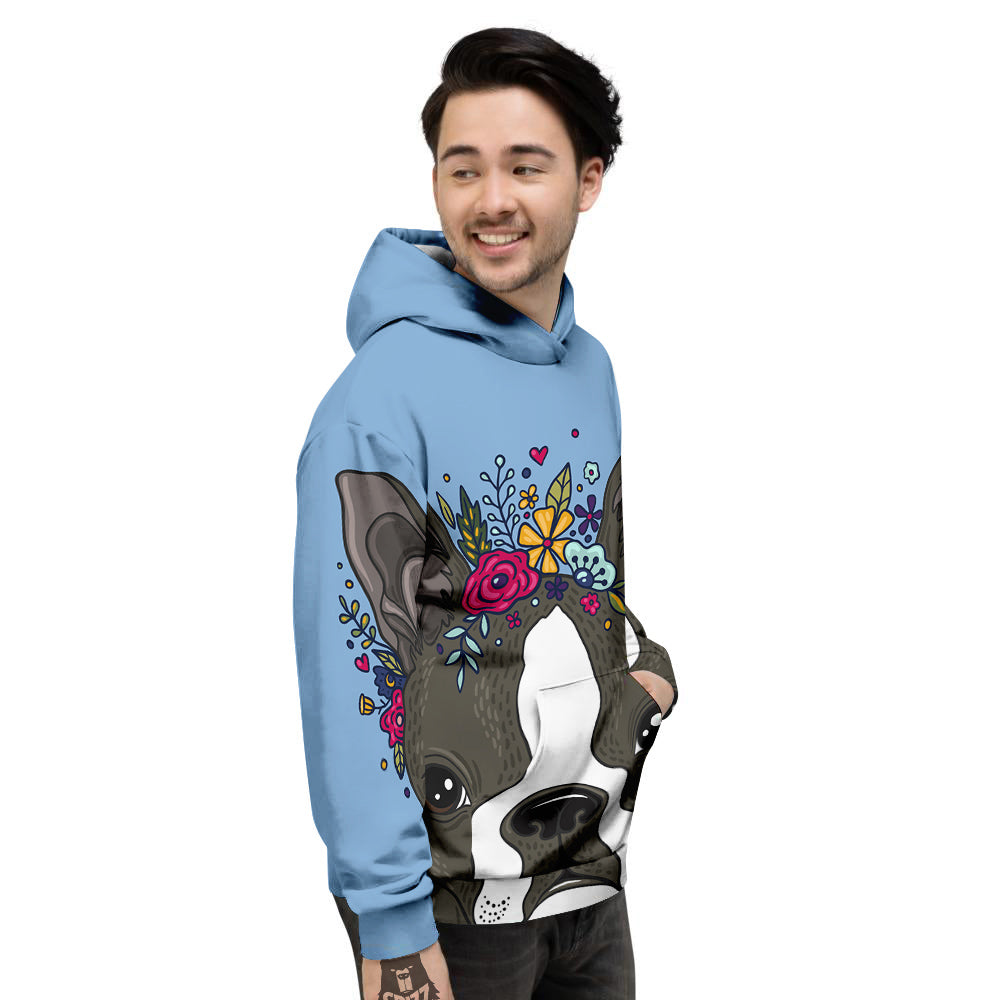 Flower Boston Terrier Cartoon Print Men's Hoodie-grizzshop