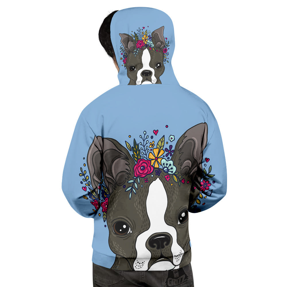 Flower Boston Terrier Cartoon Print Men's Hoodie-grizzshop