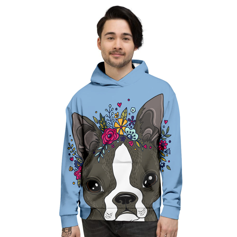 Flower Boston Terrier Cartoon Print Men's Hoodie-grizzshop