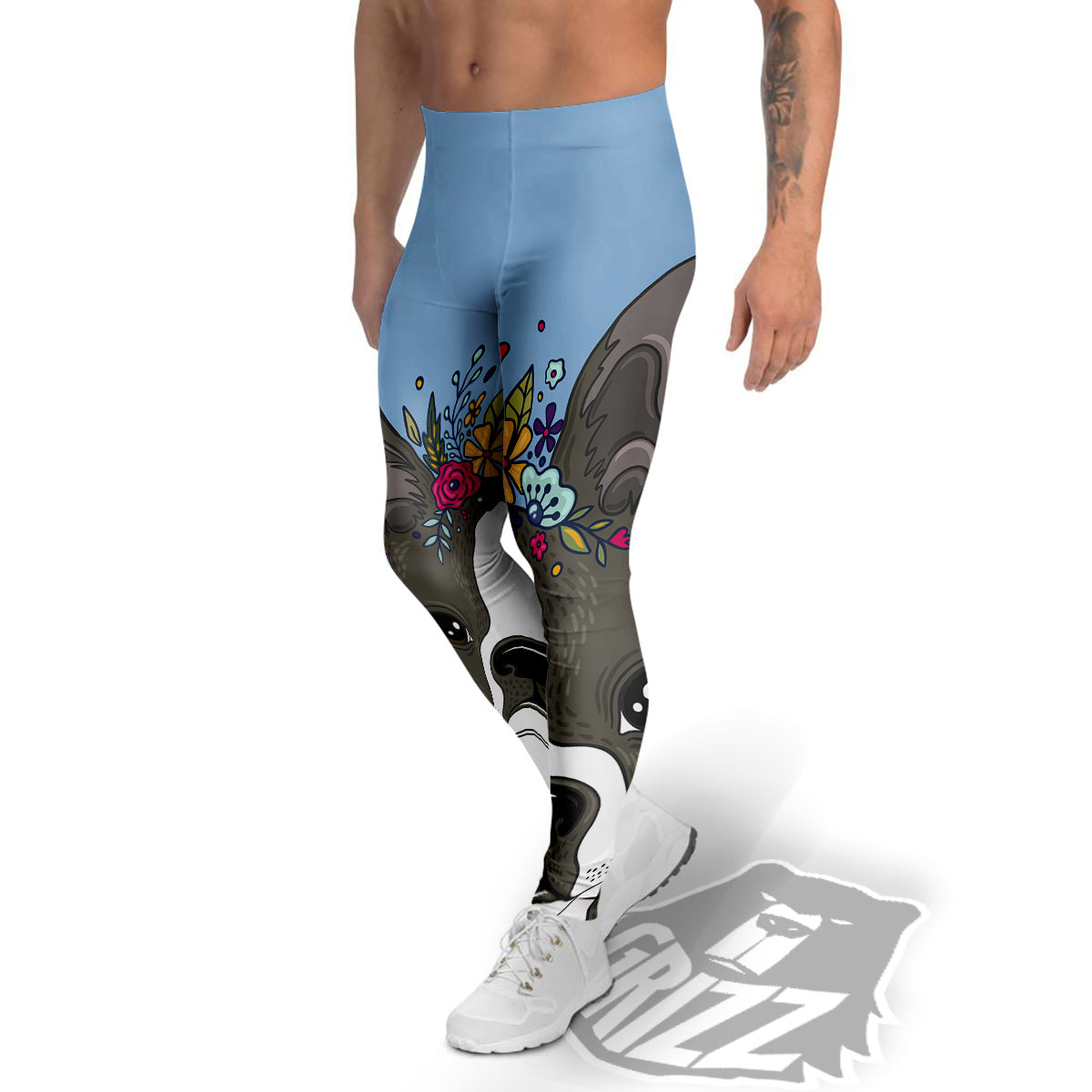 Flower Boston Terrier Cartoon Print Men's Leggings-grizzshop