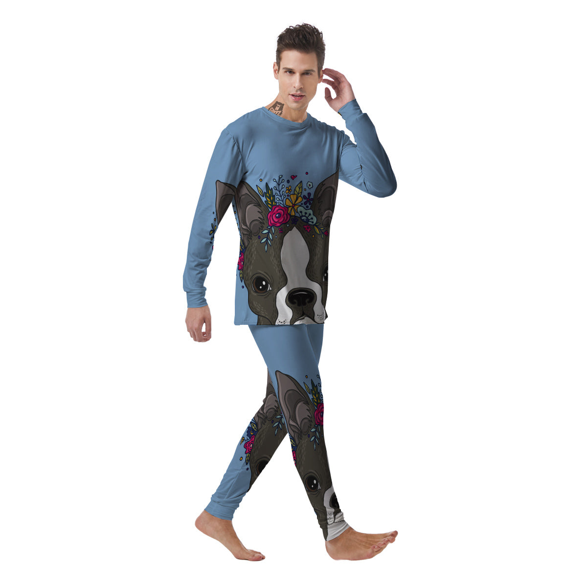 Flower Boston Terrier Cartoon Print Men's Pajamas-grizzshop