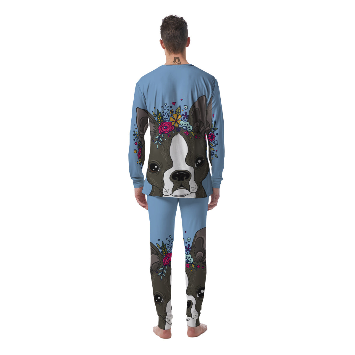 Flower Boston Terrier Cartoon Print Men's Pajamas-grizzshop