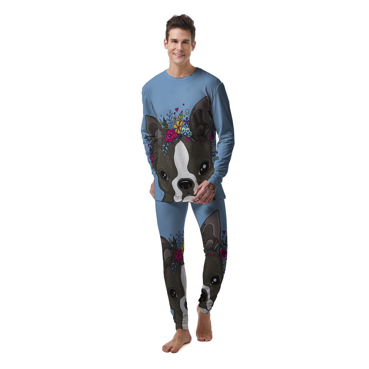 Flower Boston Terrier Cartoon Print Men's Pajamas-grizzshop