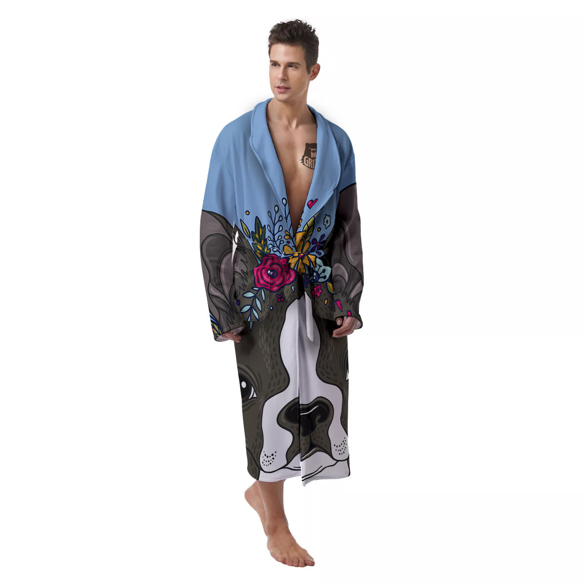 Flower Boston Terrier Cartoon Print Men's Robe-grizzshop