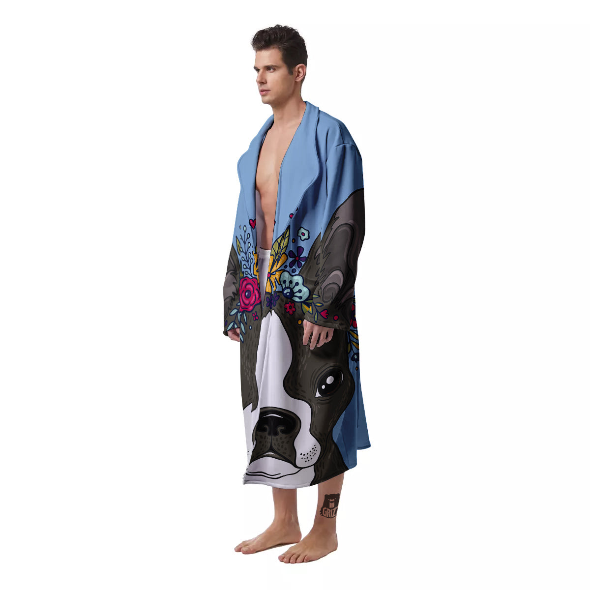Flower Boston Terrier Cartoon Print Men's Robe-grizzshop