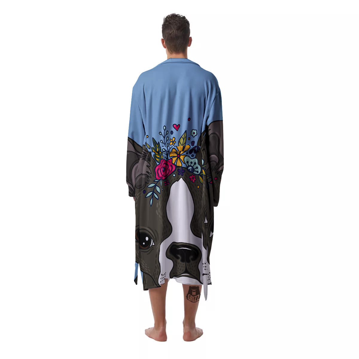Flower Boston Terrier Cartoon Print Men's Robe-grizzshop