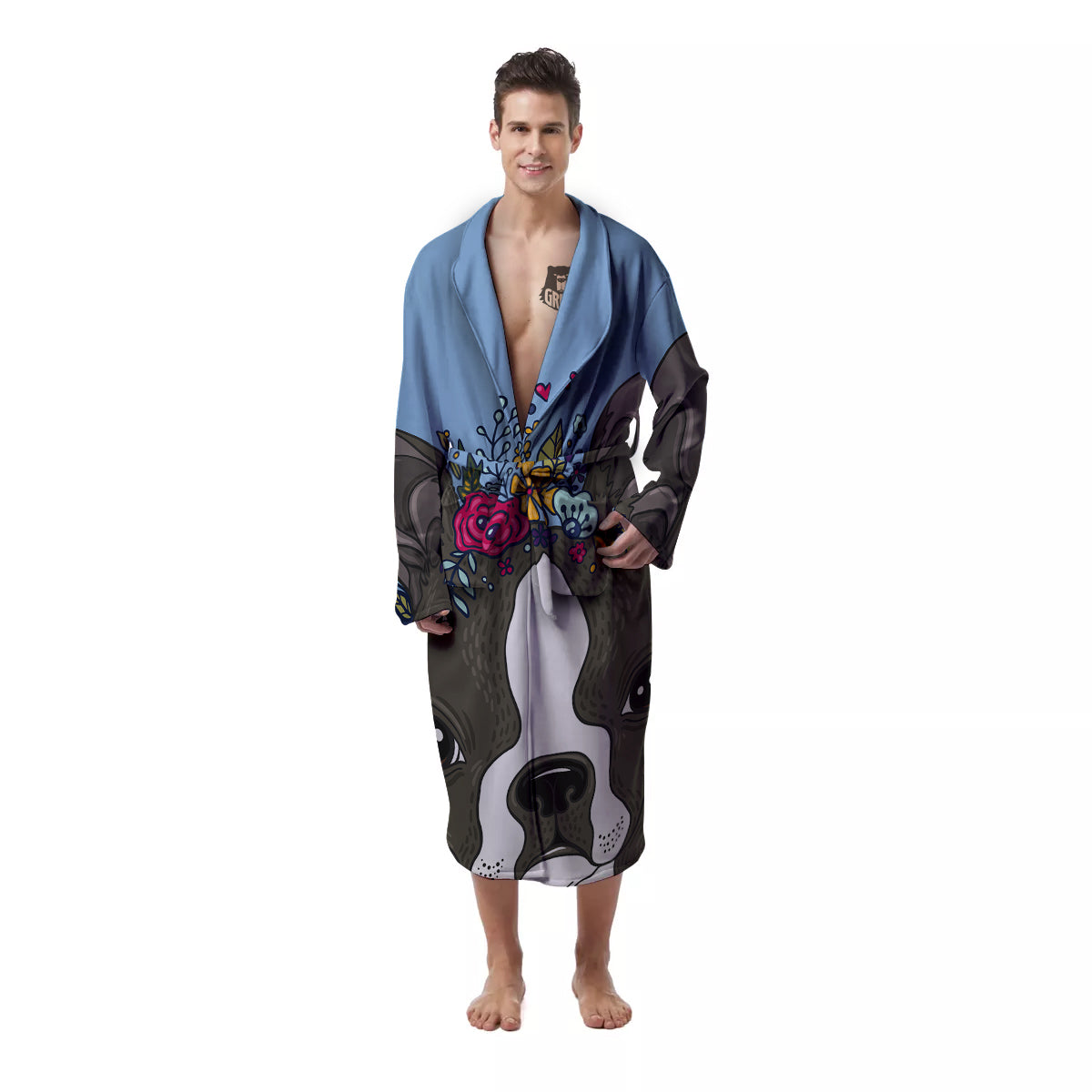 Flower Boston Terrier Cartoon Print Men's Robe-grizzshop