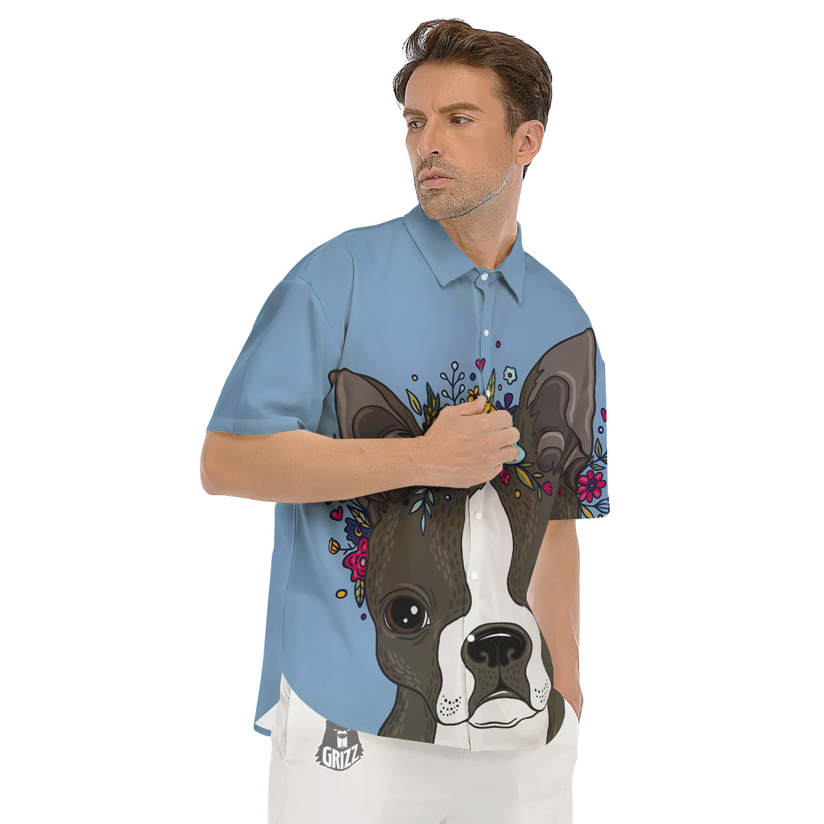 Flower Boston Terrier Cartoon Print Men's Short Sleeve Shirts-grizzshop