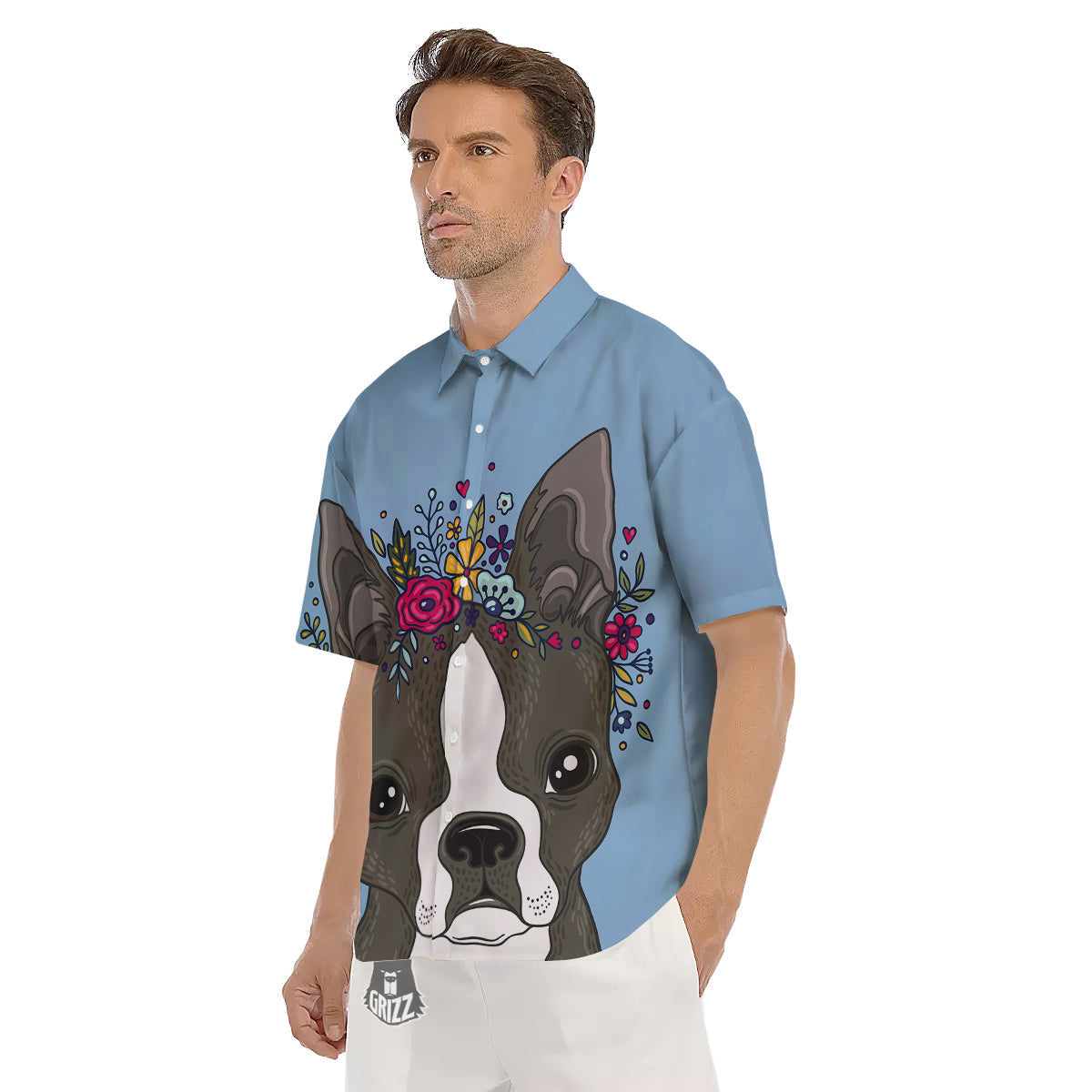 Flower Boston Terrier Cartoon Print Men's Short Sleeve Shirts-grizzshop