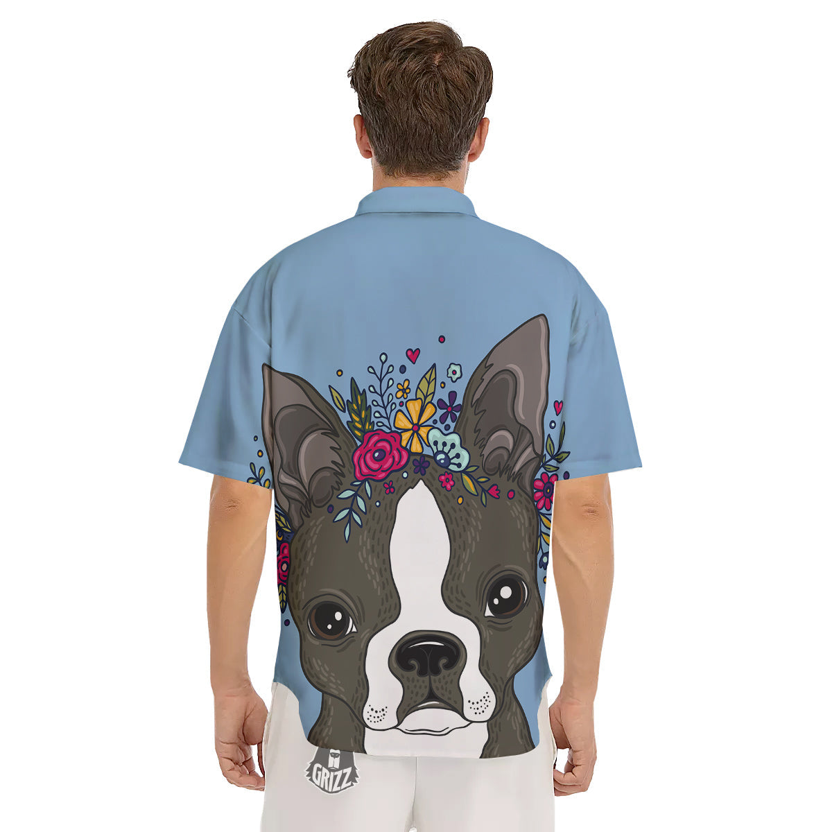 Flower Boston Terrier Cartoon Print Men's Short Sleeve Shirts-grizzshop