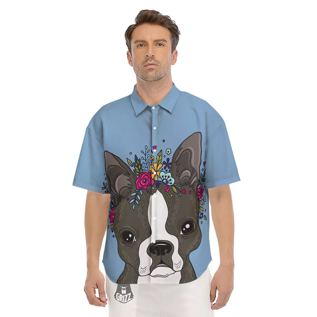 Flower Boston Terrier Cartoon Print Men's Short Sleeve Shirts-grizzshop
