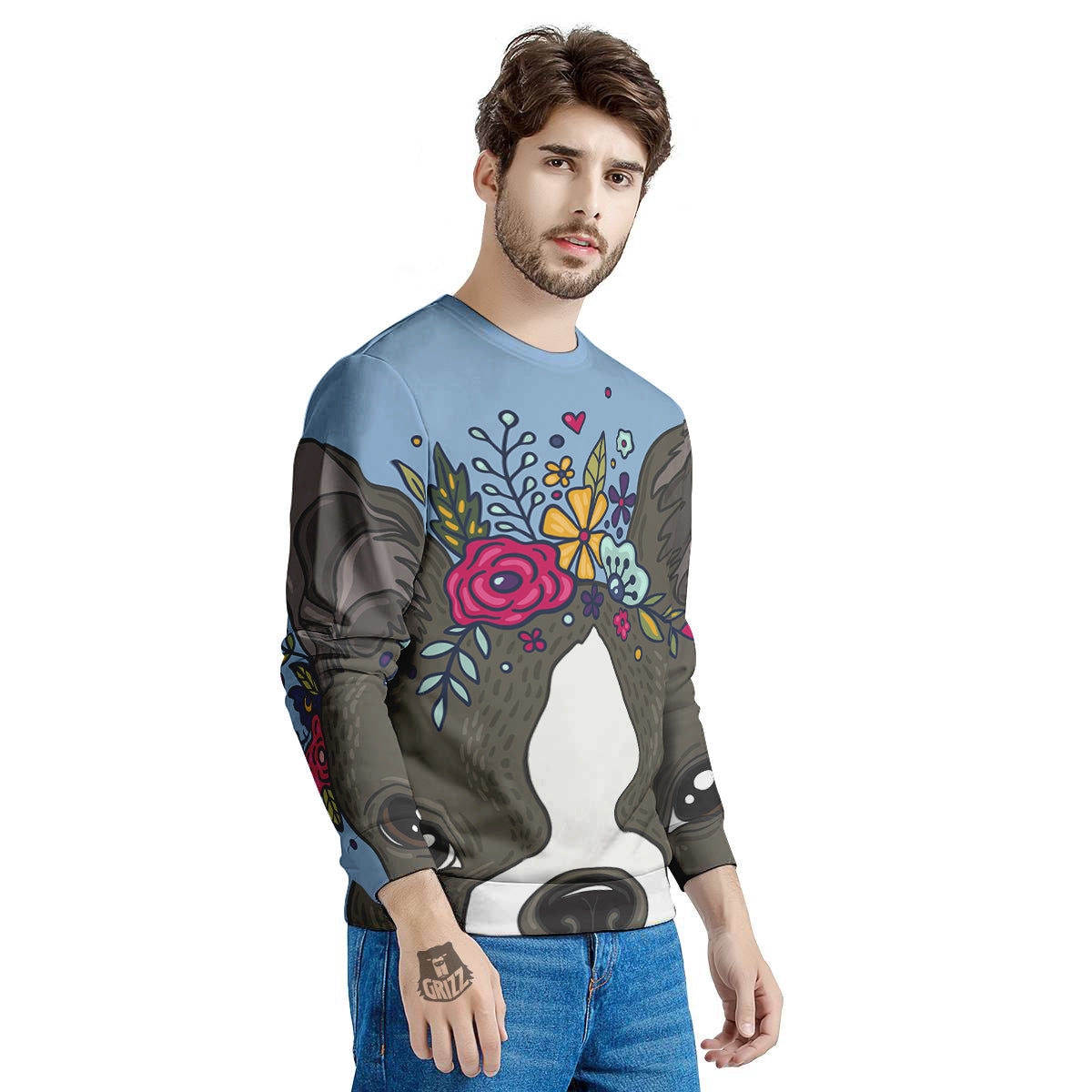 Flower Boston Terrier Cartoon Print Men's Sweatshirt-grizzshop