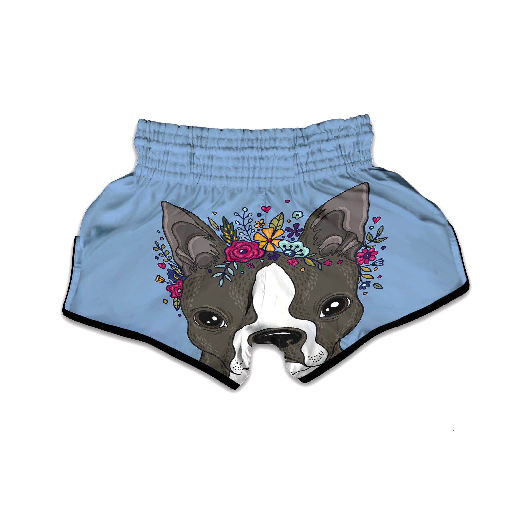 Flower Boston Terrier Cartoon Print Muay Thai Boxing Shorts-grizzshop