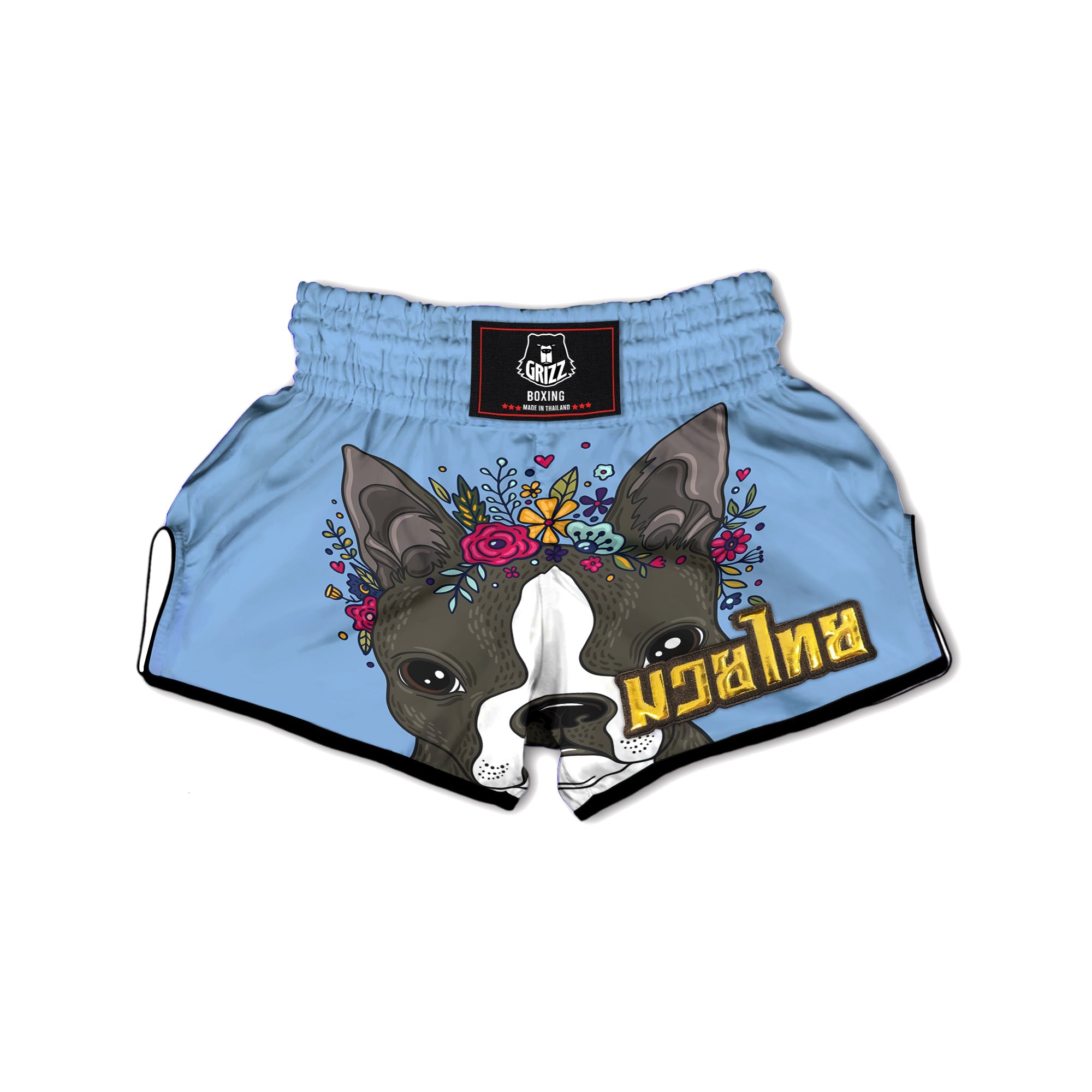 Flower Boston Terrier Cartoon Print Muay Thai Boxing Shorts-grizzshop