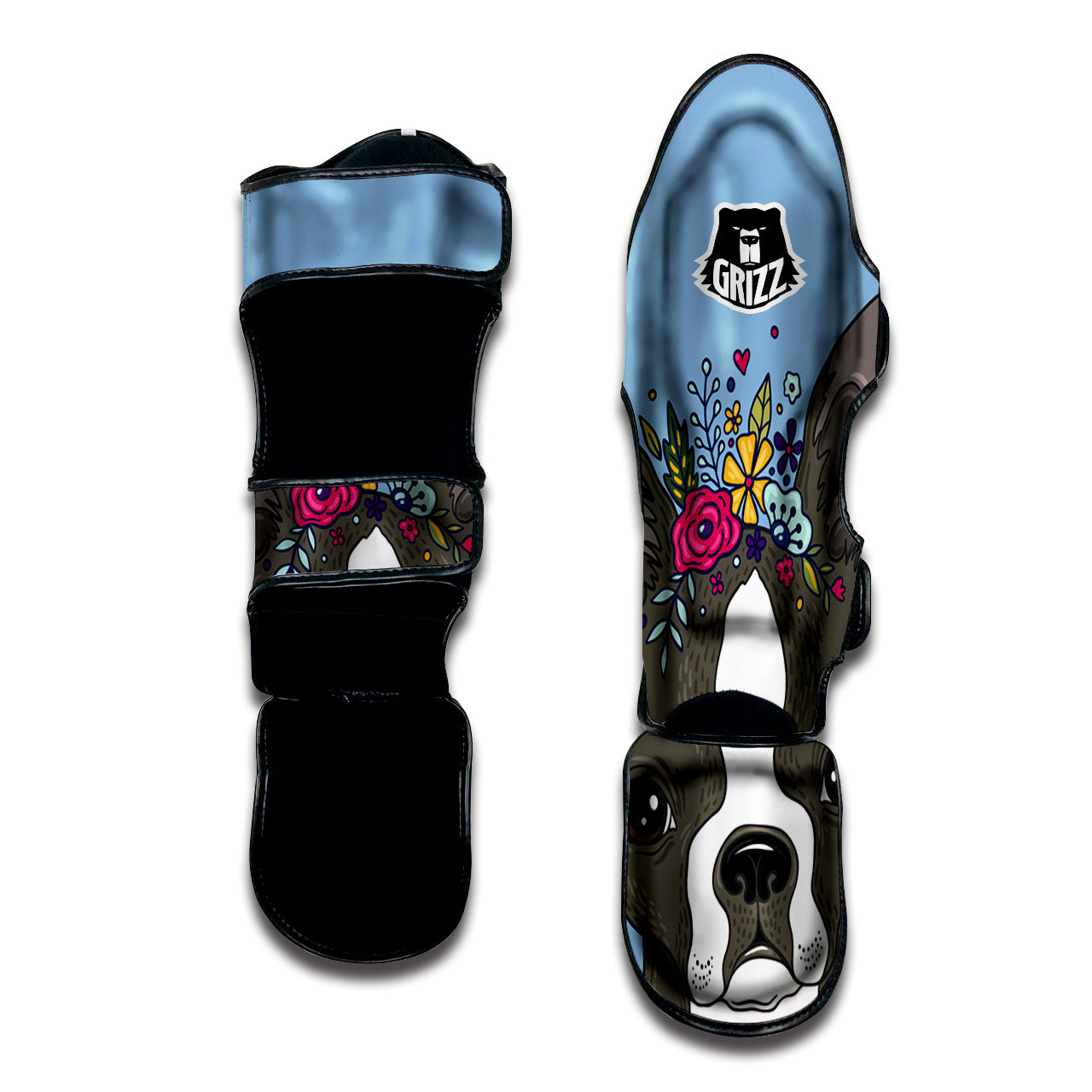 Flower Boston Terrier Cartoon Print Muay Thai Shin Guards-grizzshop