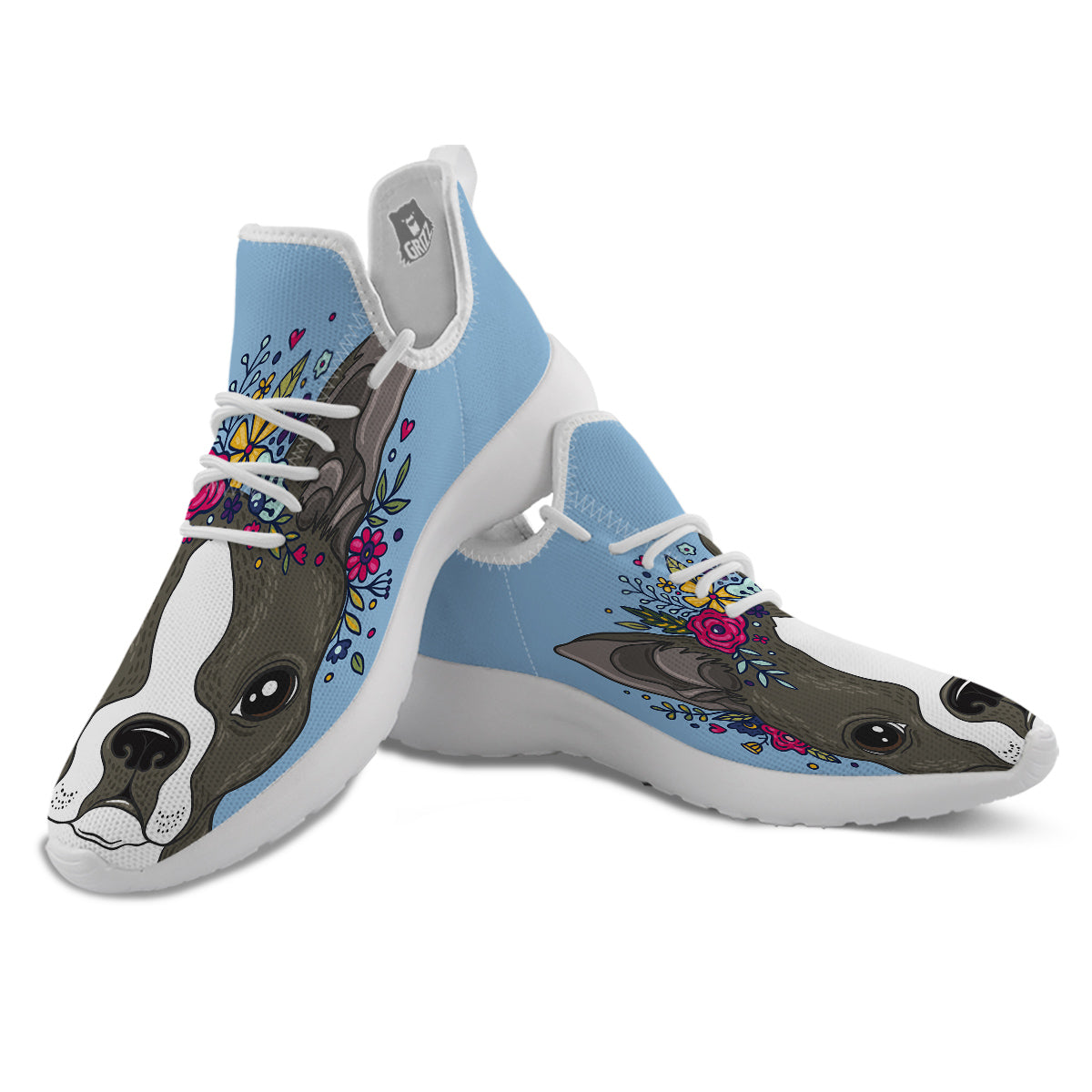 Flower Boston Terrier Cartoon Print White Athletic Shoes-grizzshop