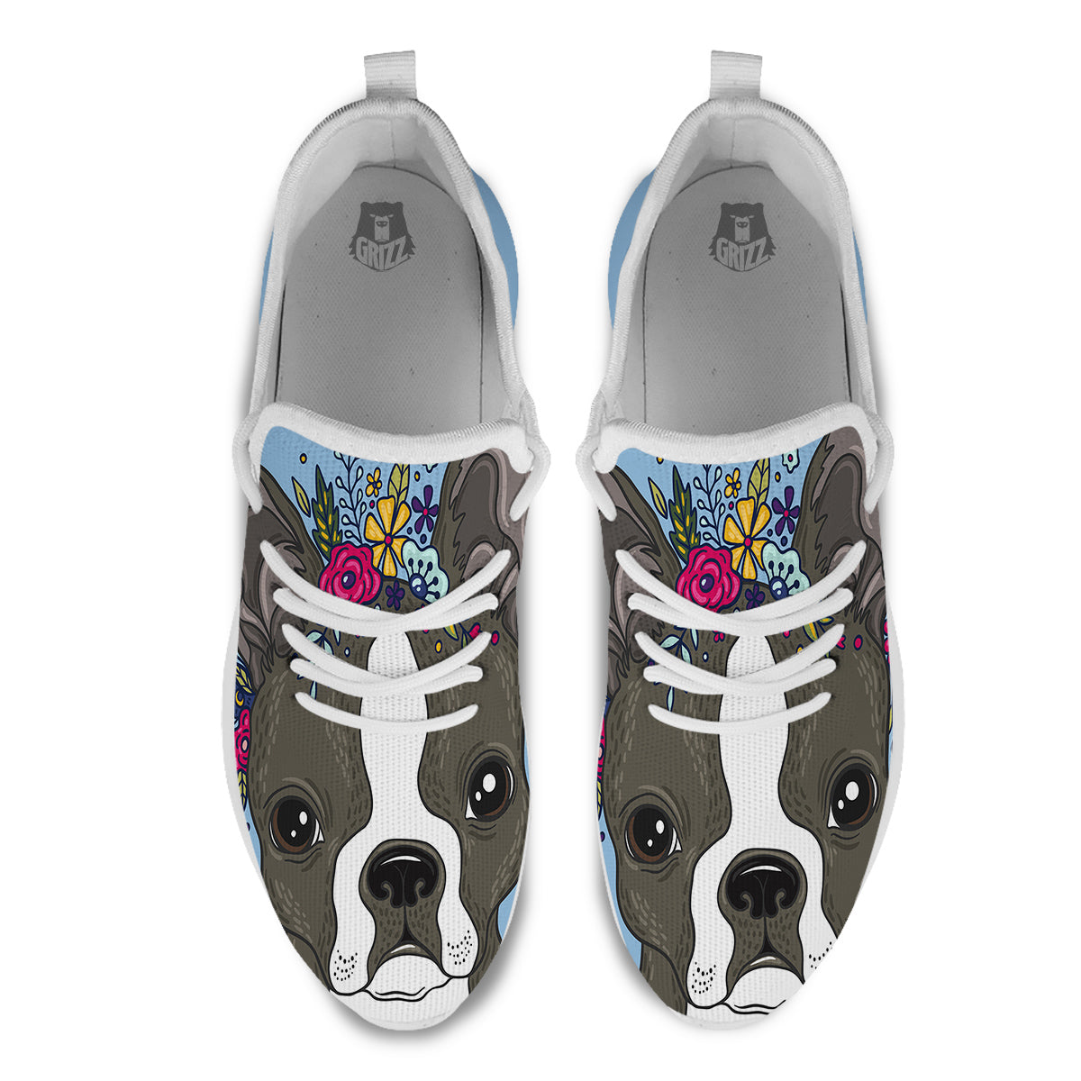 Flower Boston Terrier Cartoon Print White Athletic Shoes-grizzshop